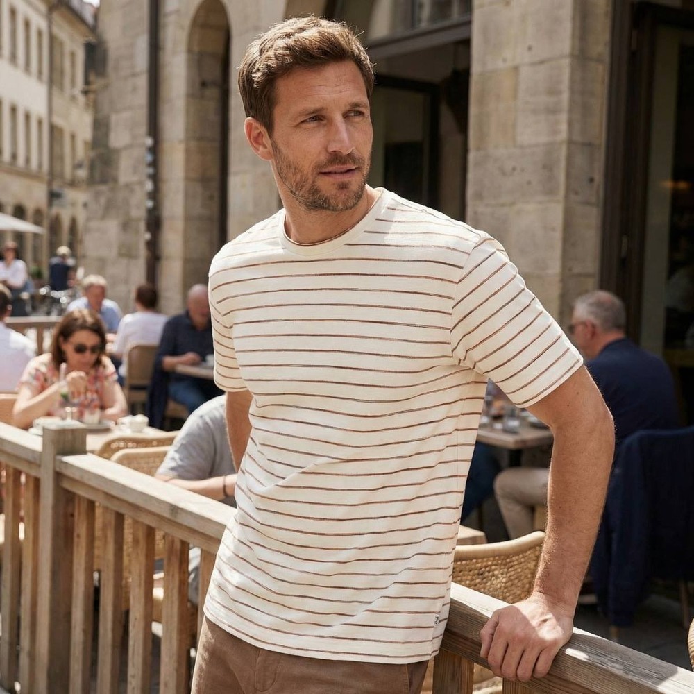 Brax Mens Style Taylor S Jacquard Jersey Striped T-Shirt White Brown 70-0026/98